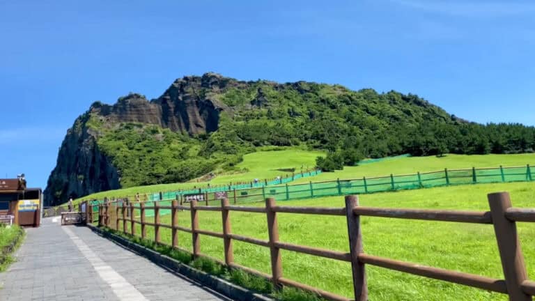 The beginning of a hiking trail with a clear view of the Seongsan Ilchulbong, also known as Sunrise Peak, on Jeju Island, South Korea. A bright blue sky complements the lush green landscape and the distinctive, craggy peak of the volcanic cone