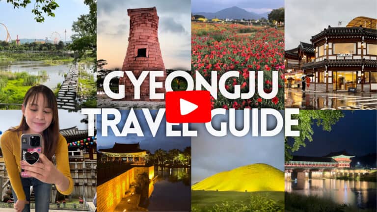 Visual mash-up of Gyeongju attractions like Cheomseongdae Observatory, Donggung Palace, Wolji Pond, and flower fields, topped with bold text “Gyeongju Travel Guide” and a red play icon centered in the design.
